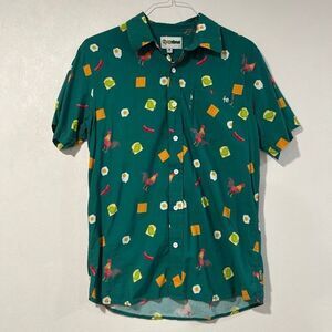 Tipsy Elves Men’s Medium Button Down Shirt – Funny Rooster Egg Chili Print Green